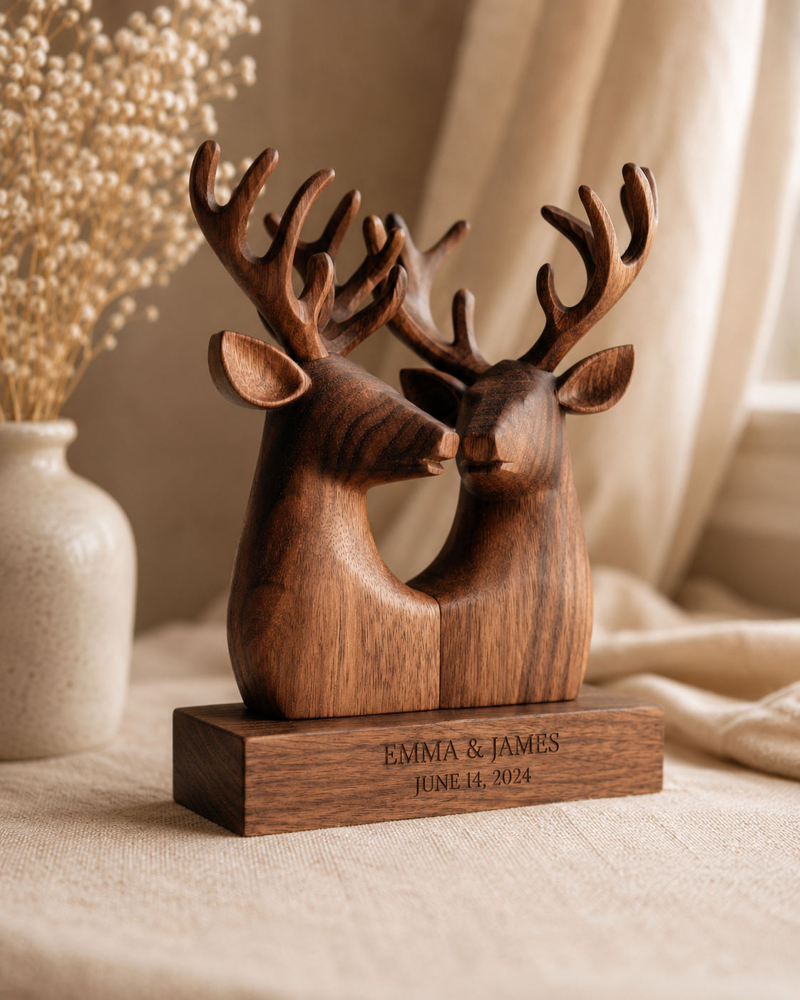 Walnut twin deer heads sculpture, front three-quarter view