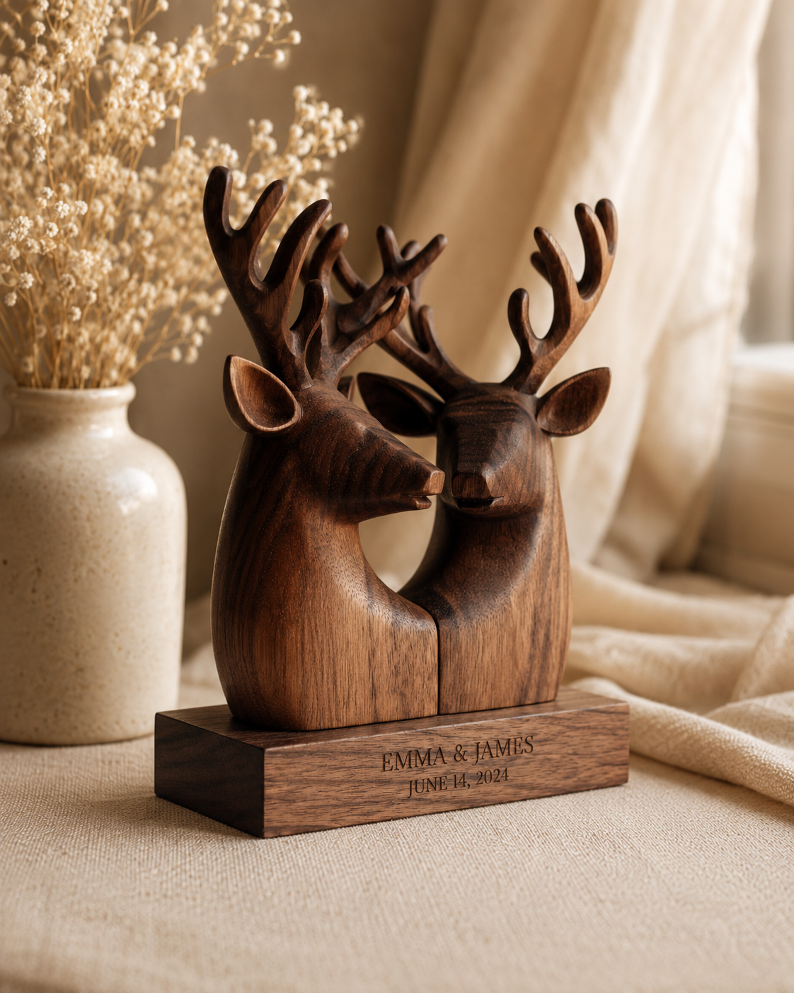 Walnut twin deer heads sculpture, tight side view