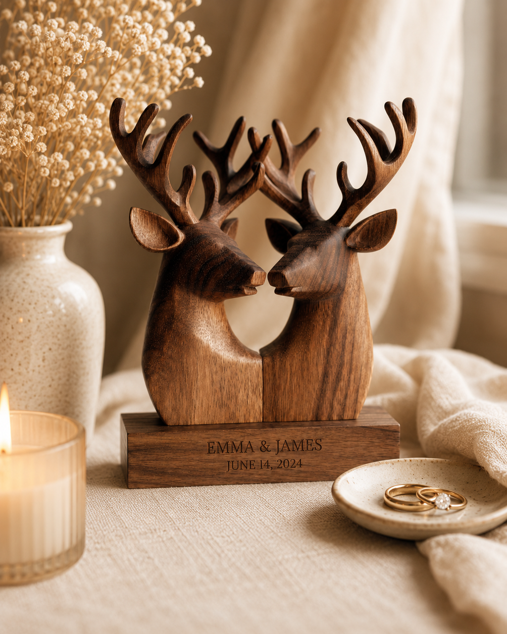 Walnut deer heads sculpture with candle and wedding ring dish