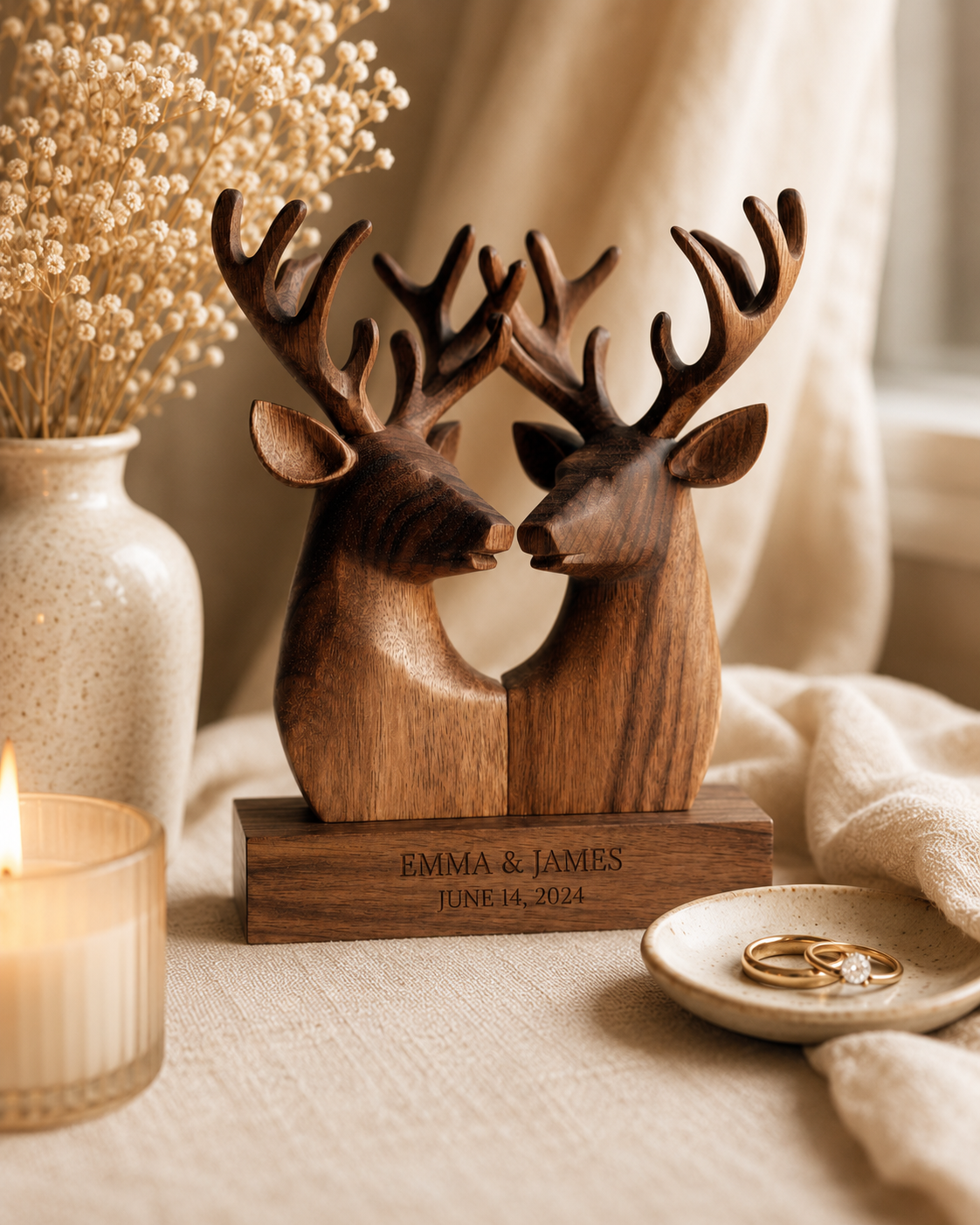 Walnut deer heads sculpture with candle and wedding ring dish