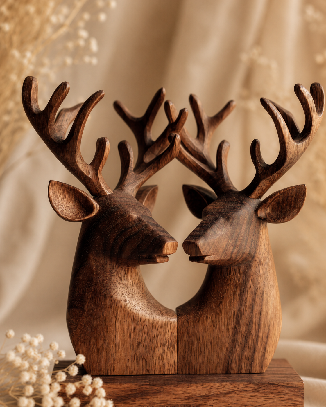Walnut twin deer heads studio product shot on cream backdrop