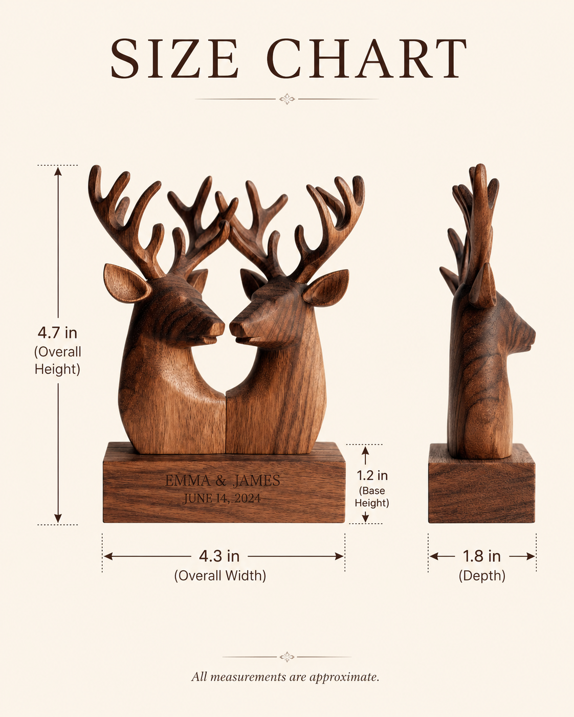 Walnut deer heads sculpture size chart 4.7 inches tall by 4.3 inches wide