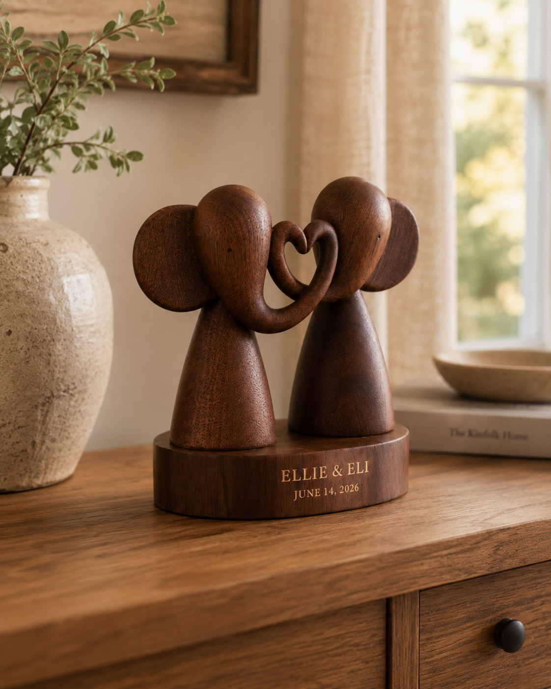 Walnut Elephant Couple Heart Trunk — angle 1