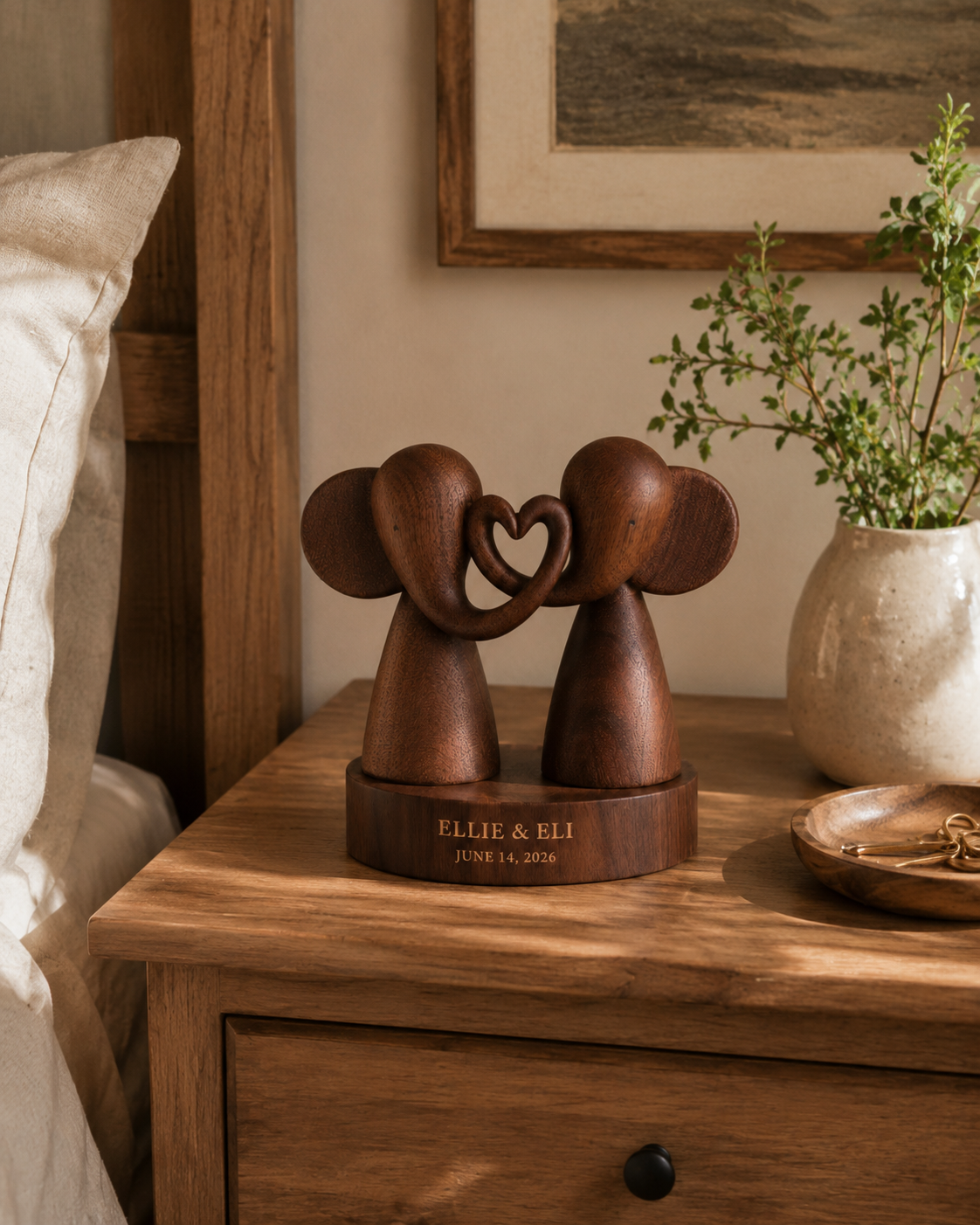 Walnut Elephant Couple Heart Trunk — angle 3