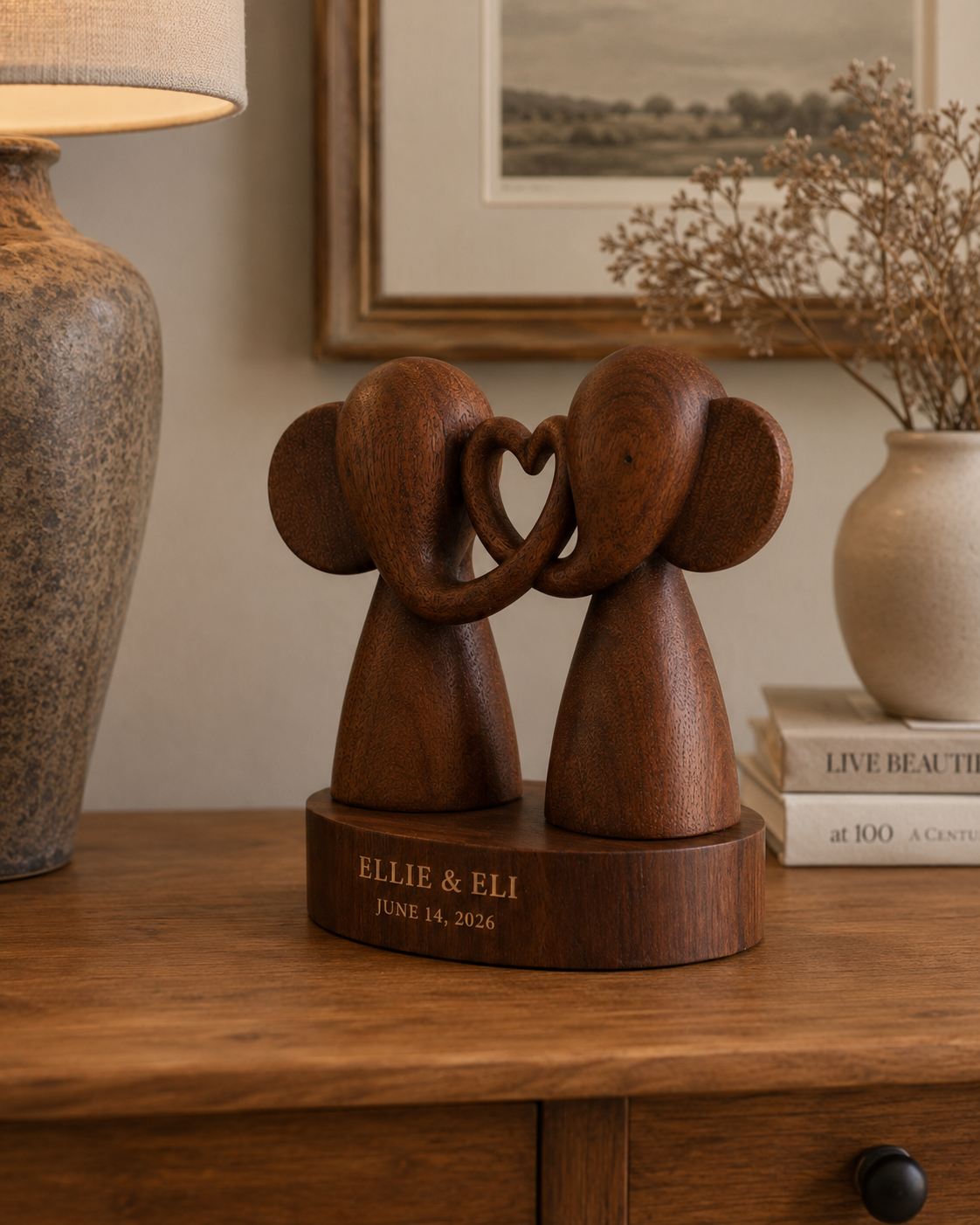 Walnut Elephant Couple Heart Trunk — angle 4