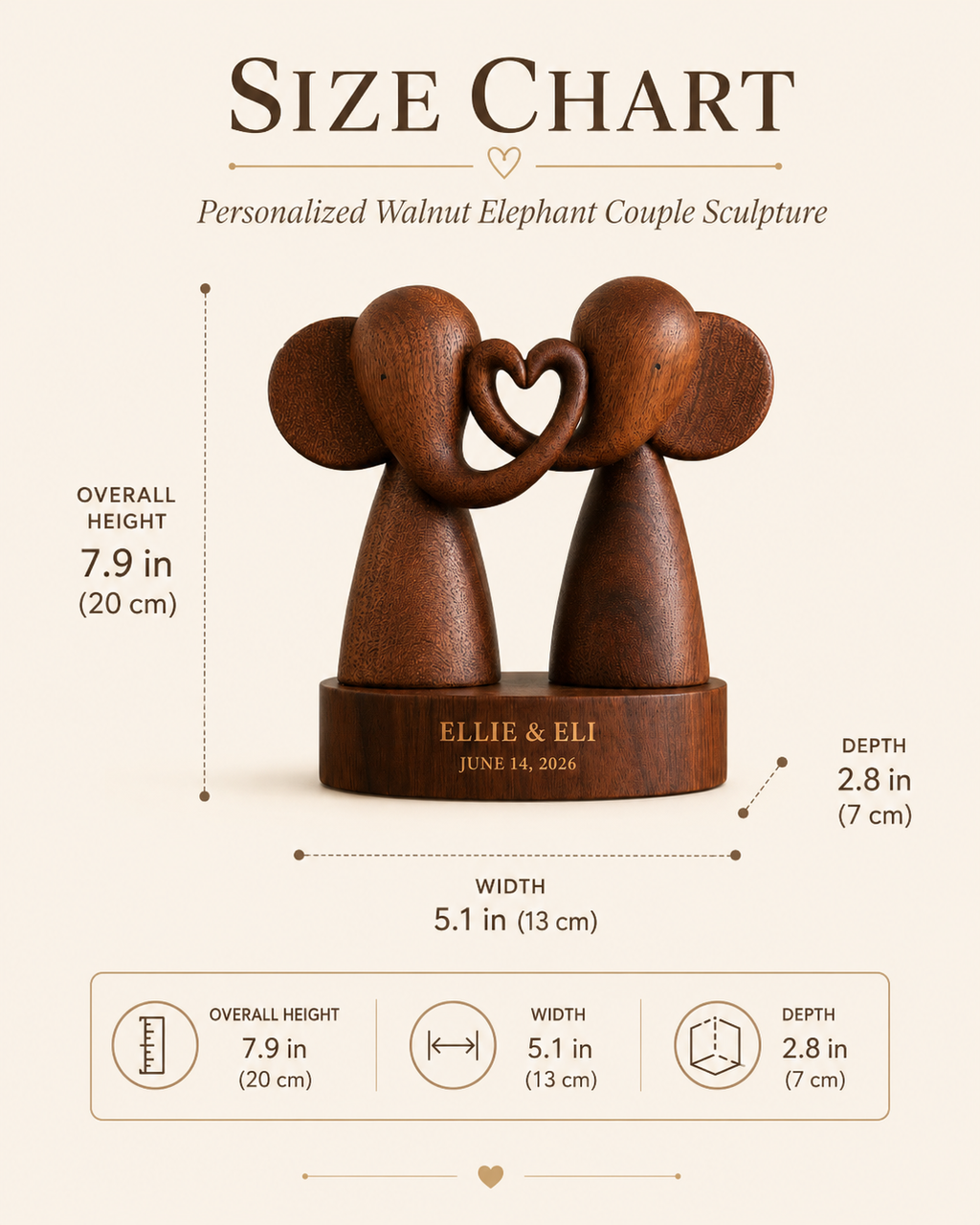 Walnut Elephant Couple Heart Trunk — angle 5