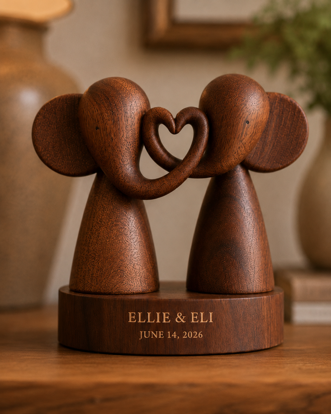Walnut Elephant Couple Heart Trunk — angle 6