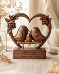 Walnut family heart frame with three birds — parents and baby, EMMA & JAMES + OLIVIA