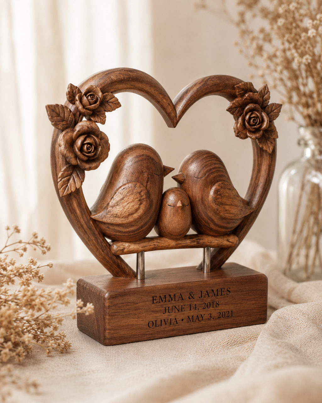 Walnut family heart frame, three-quarter view with warm florals