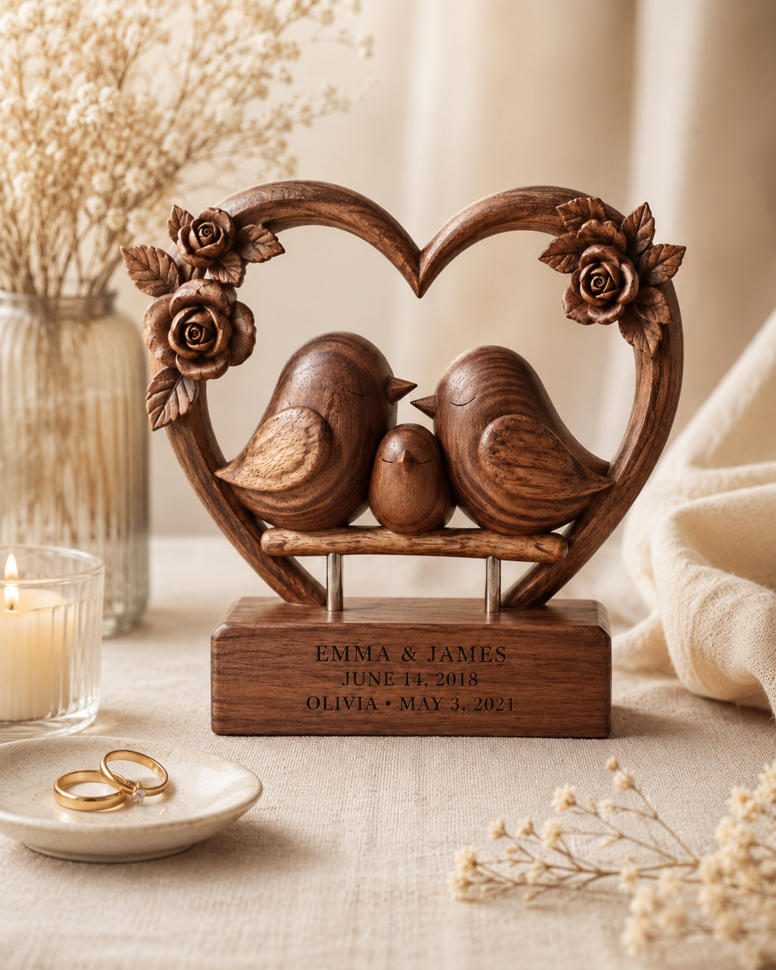 Walnut family heart frame, side view on soft linen