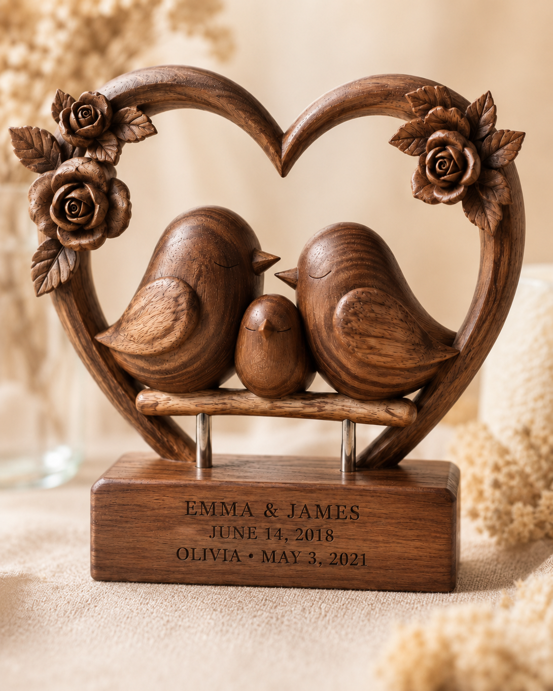 Walnut family heart frame, close-up on baby bird and carved roses