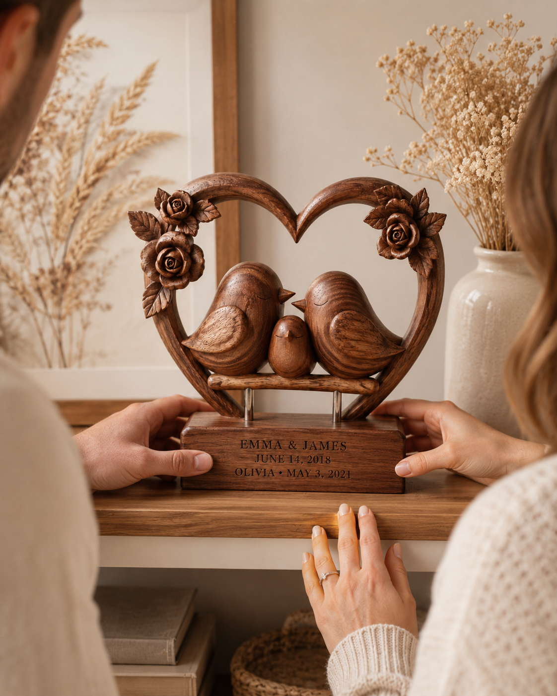 Walnut family heart frame beside candle in soft evening light