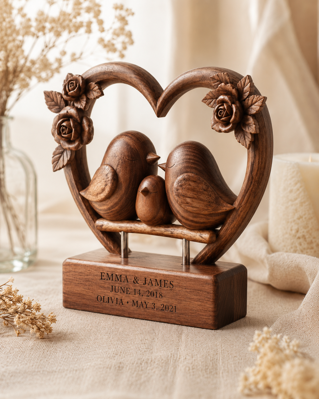 Walnut family heart frame clean studio product shot