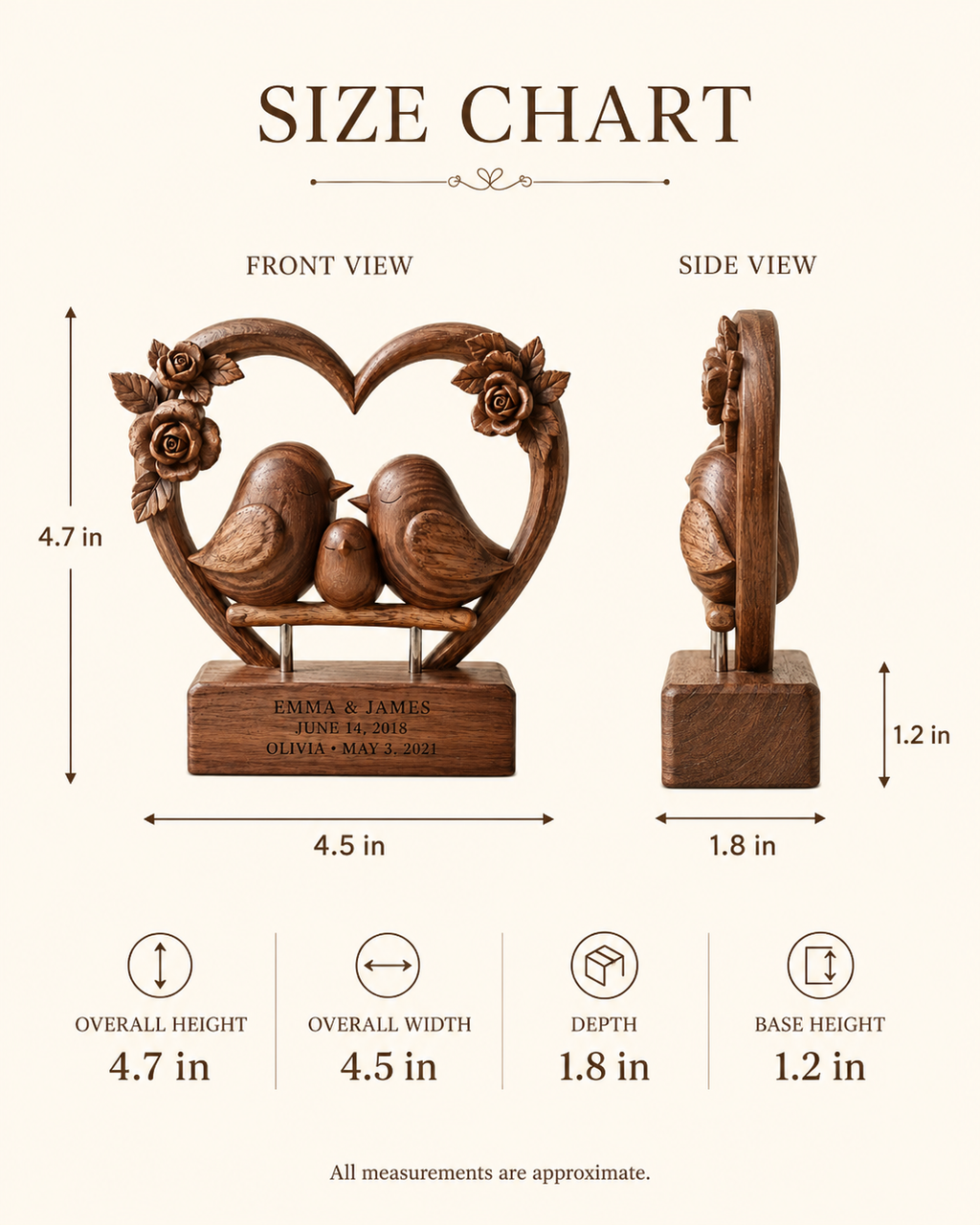 Walnut family heart frame size chart, 4.7 inches tall by 4.5 inches wide