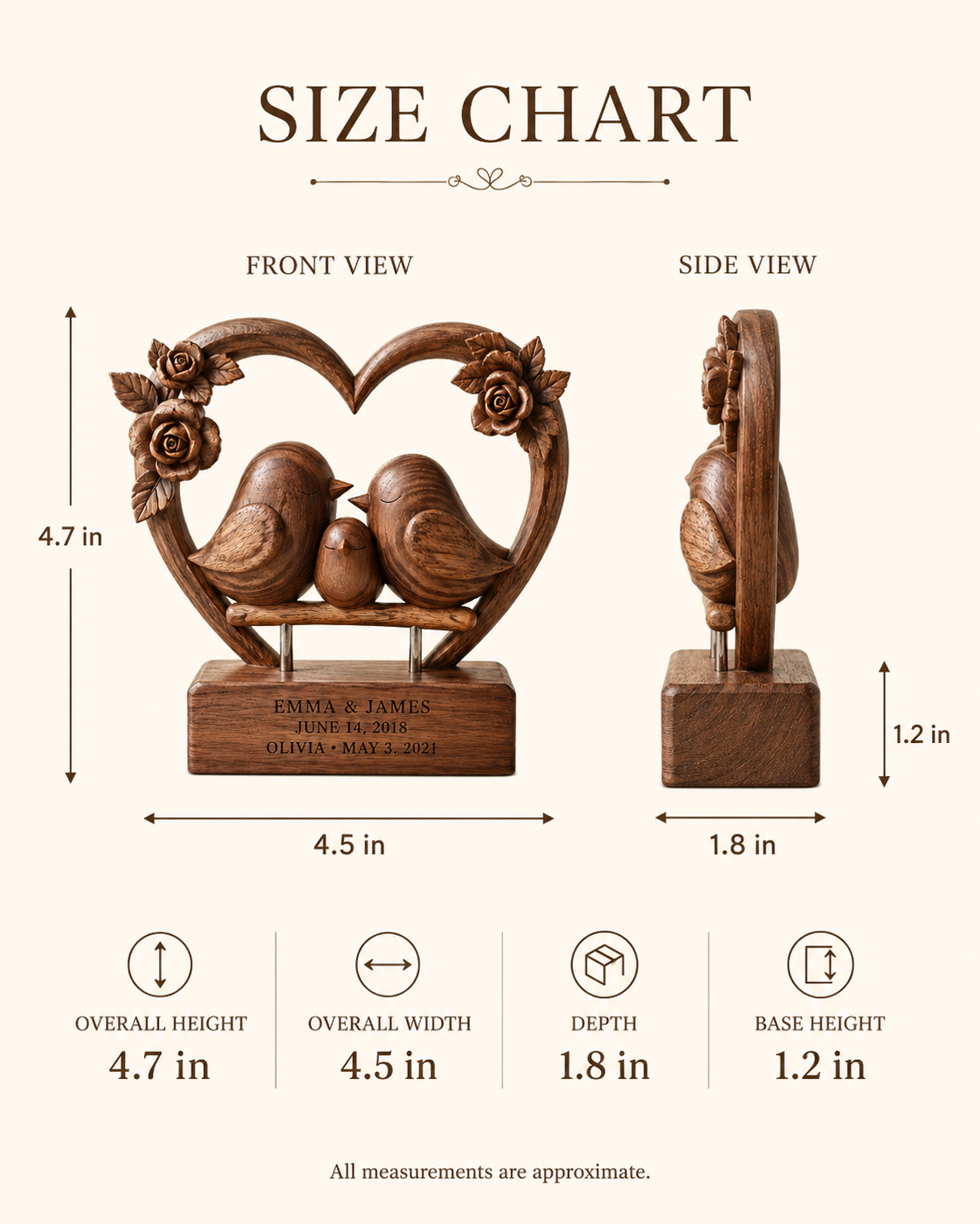 Walnut family heart frame size chart, 4.7 inches tall by 4.5 inches wide