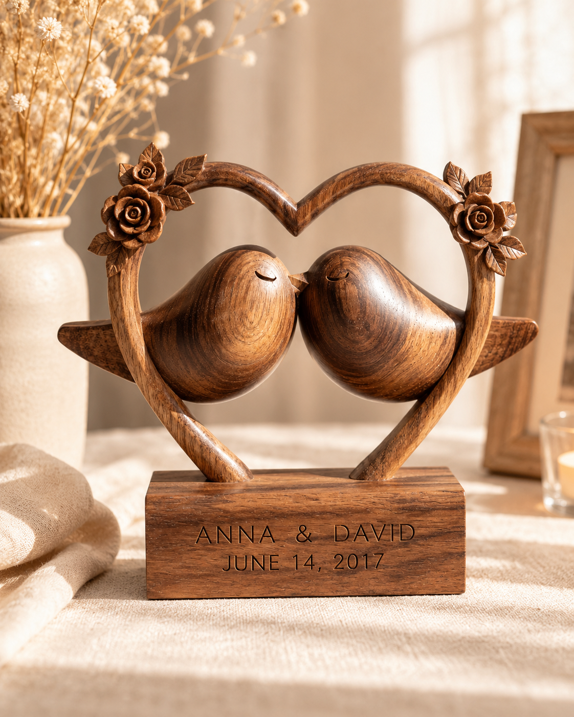 Walnut heart frame lovebirds sculpture with carved roses, ANNA & DAVID