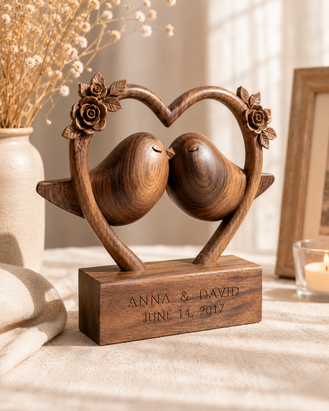 Walnut heart frame lovebirds, three-quarter view with dried florals