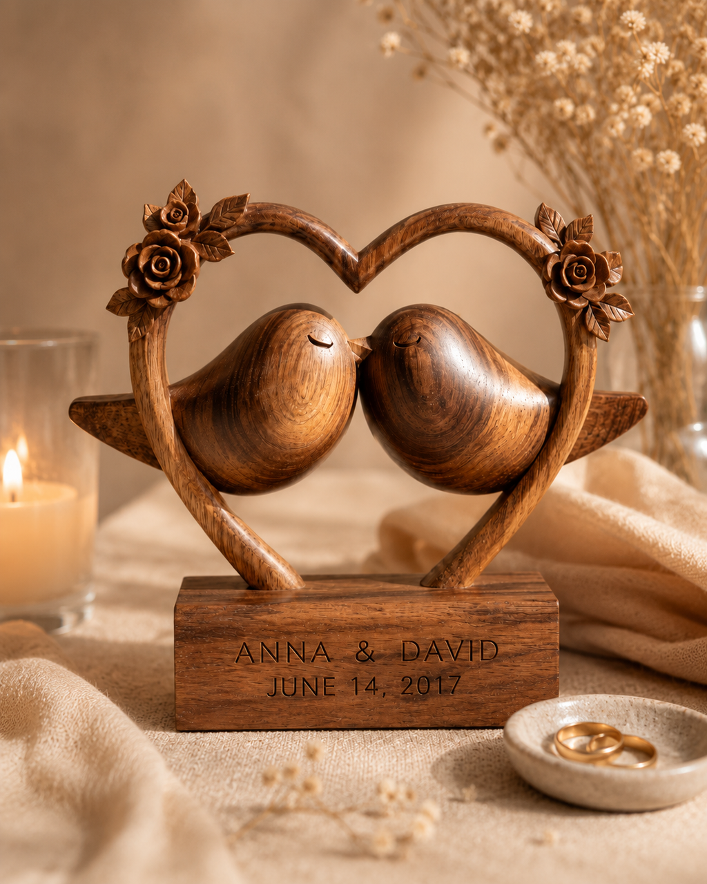 Walnut heart frame lovebirds, side view on wood surface