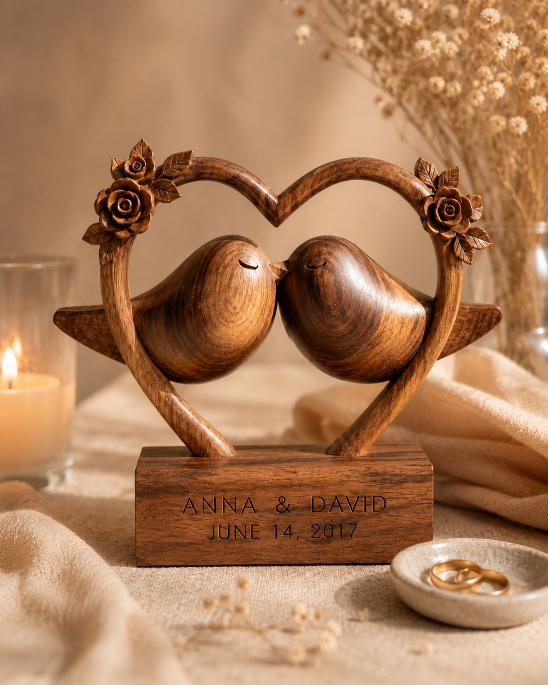 Walnut heart frame lovebirds, side view on wood surface