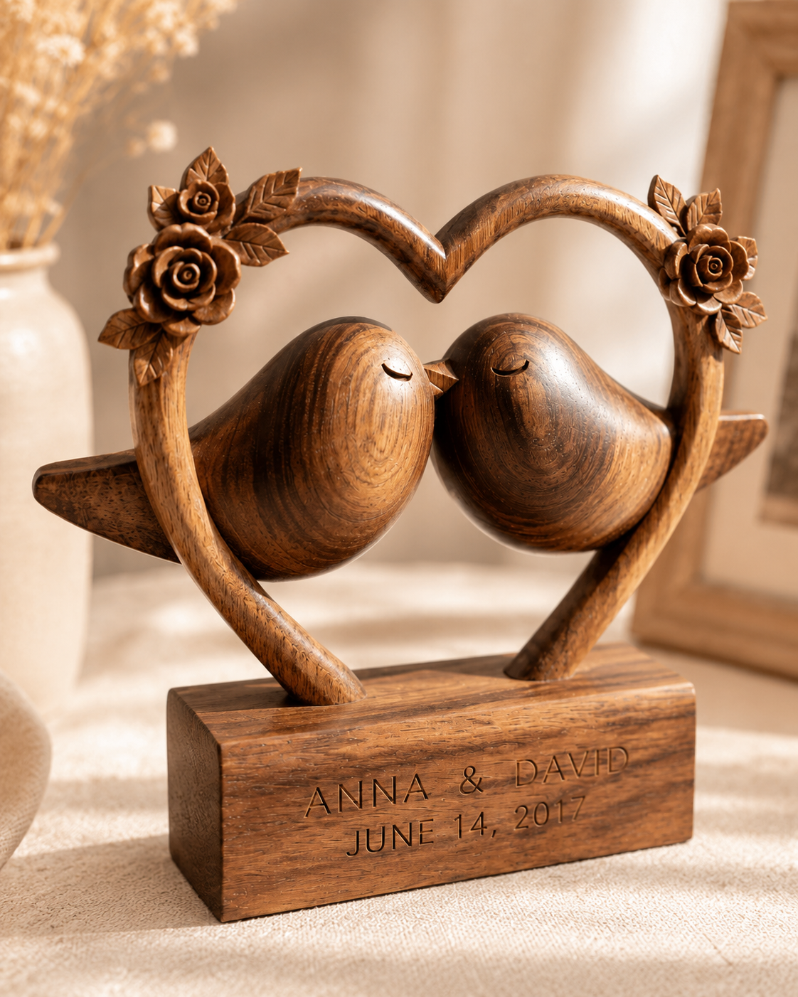Walnut heart frame lovebirds, close-up on carved rose corners