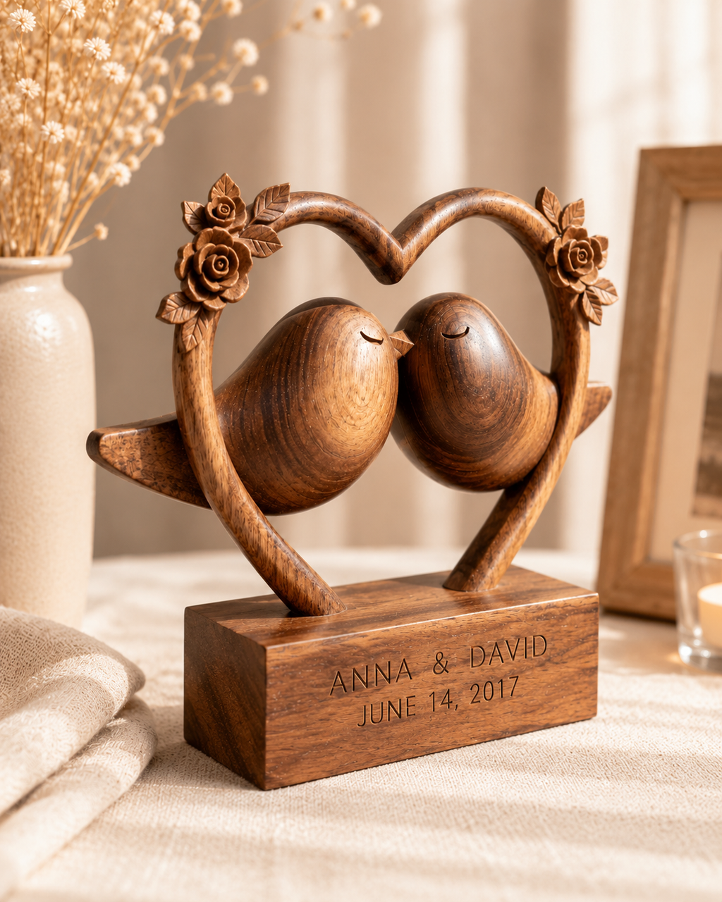 Walnut heart frame lovebirds beside candle in warm evening light