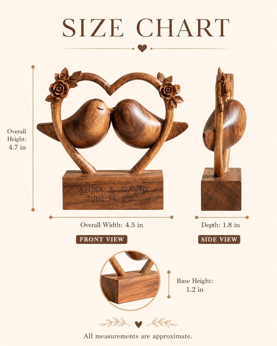 Walnut heart frame lovebirds size chart, 4.7 inches tall by 4.5 inches wide