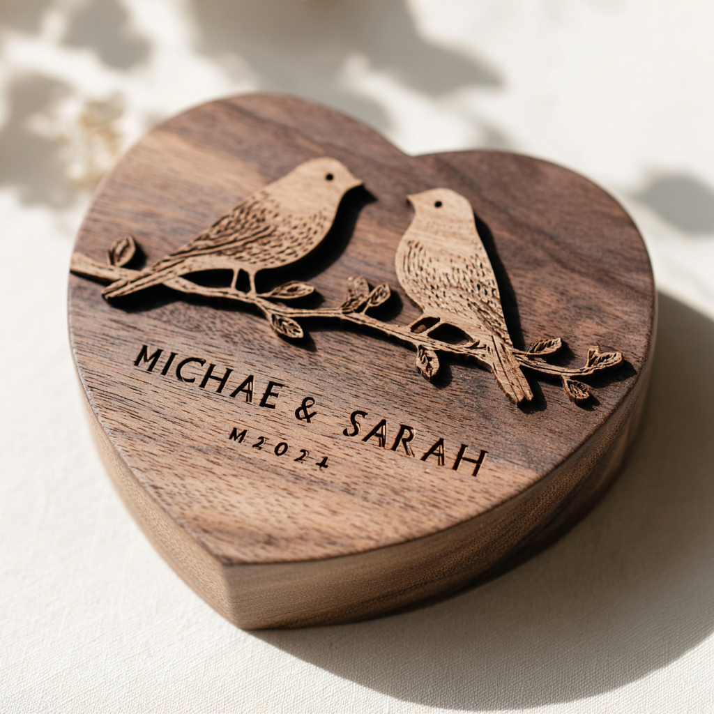 Walnut heart-shape lovebirds keepsake box on cream silk