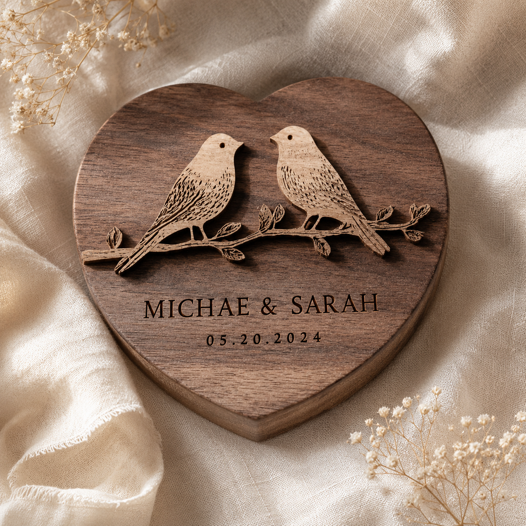 Walnut heart-shape lovebirds keepsake with baby's breath