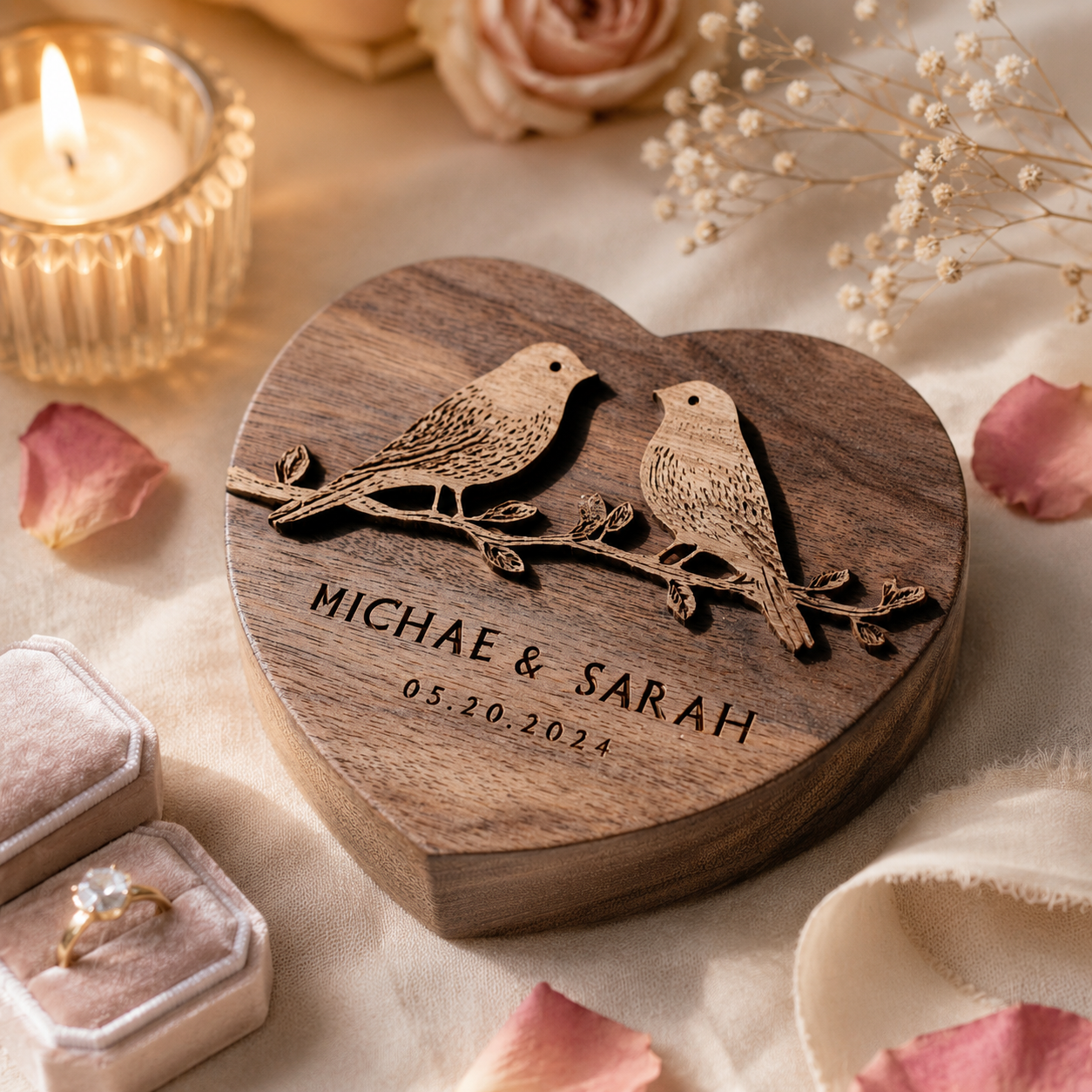 Walnut heart-shape lovebirds keepsake with candle and ring box