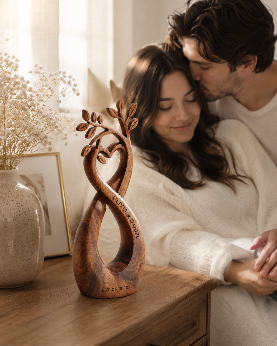 Couple embracing beside walnut infinity heart sculpture, evening light