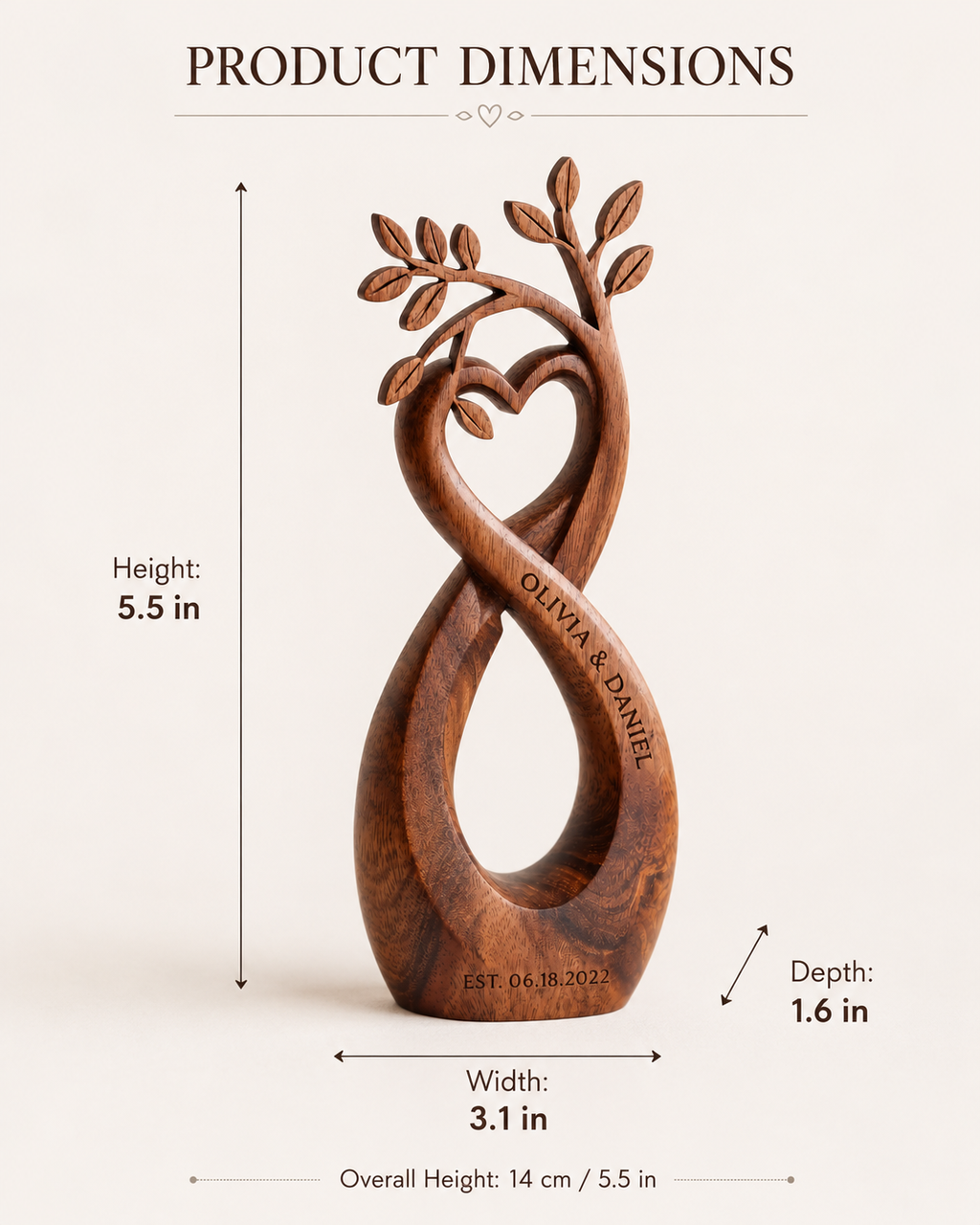 Walnut infinity heart product dimensions, 5.5 inches tall by 3.1 inches wide