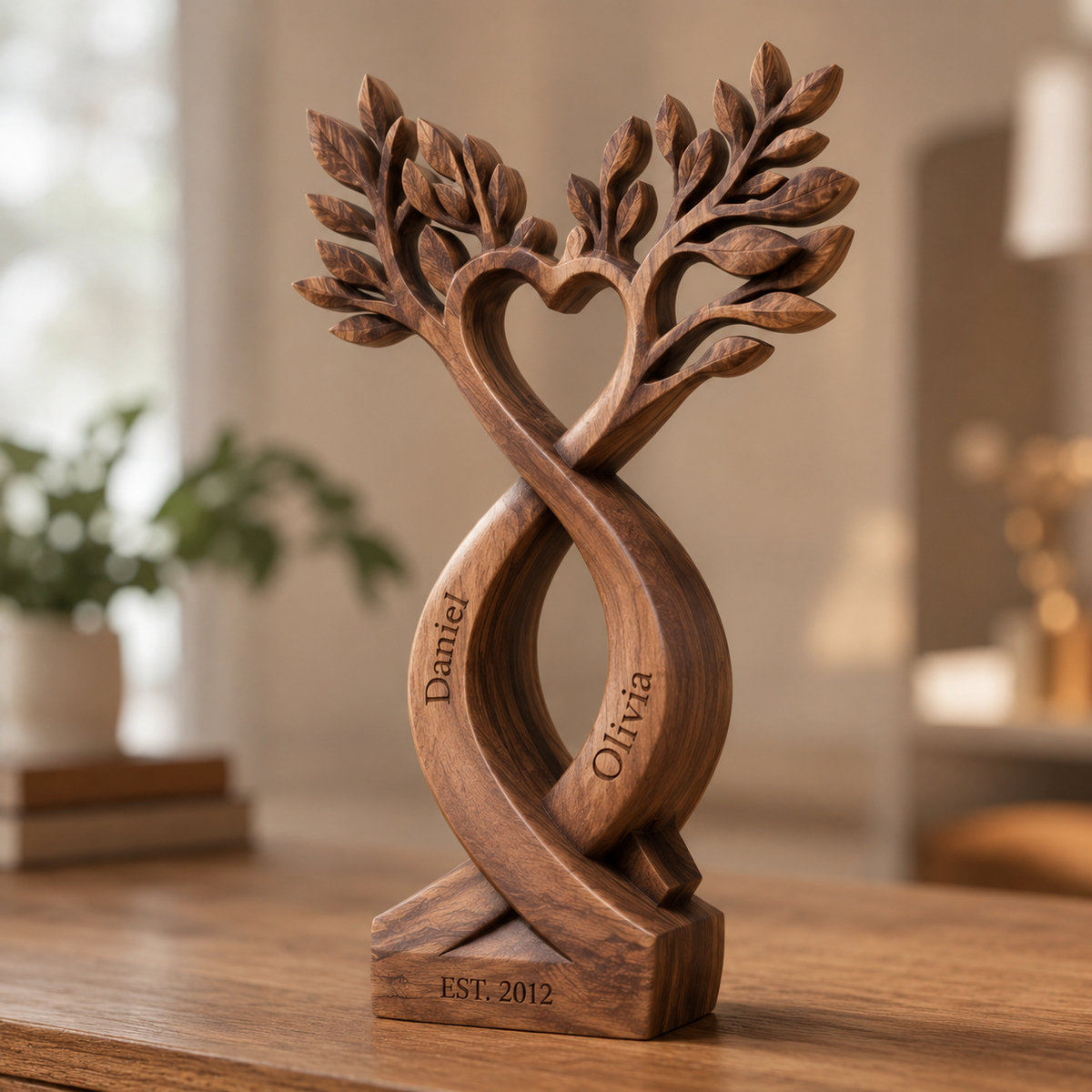 Walnut infinity tree sculpture with heart on wooden shelf