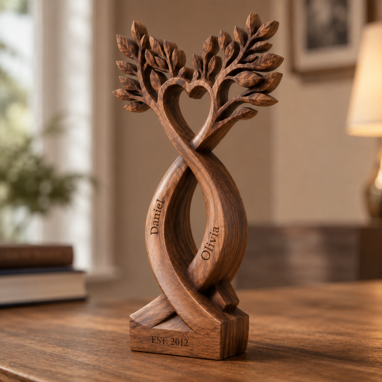 Walnut infinity tree sculpture on wood side table