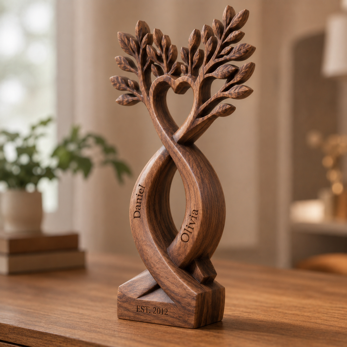 Walnut infinity tree sculpture, close-up on wood floor with plant