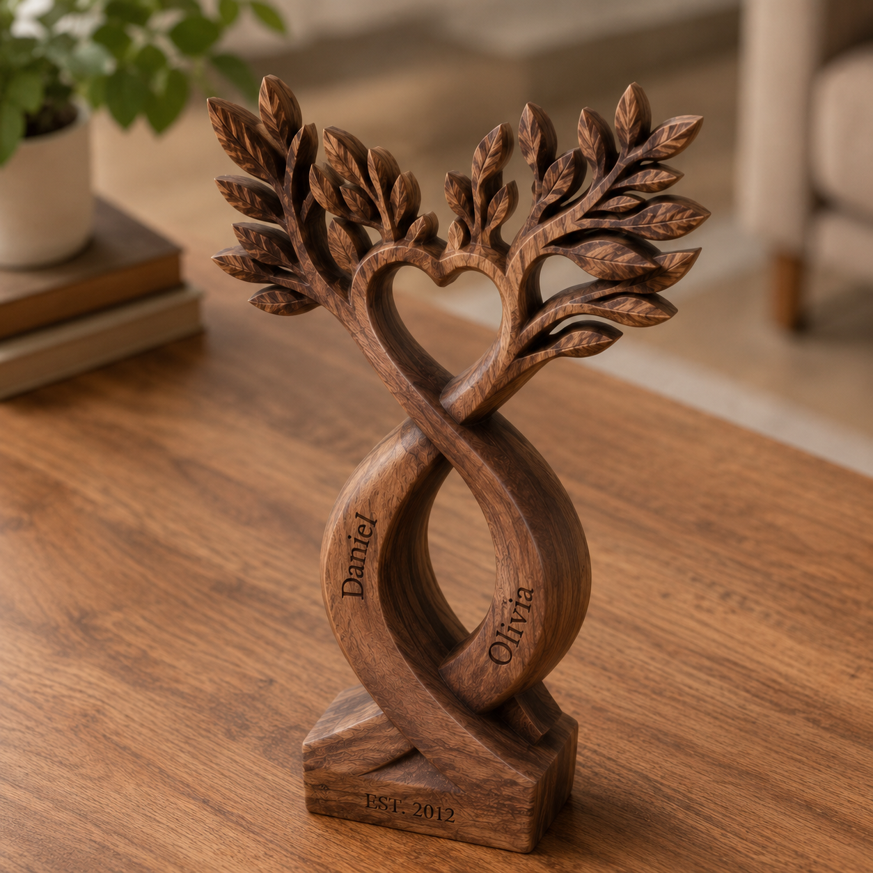 Walnut infinity tree sculpture, tighter framing with plant backdrop