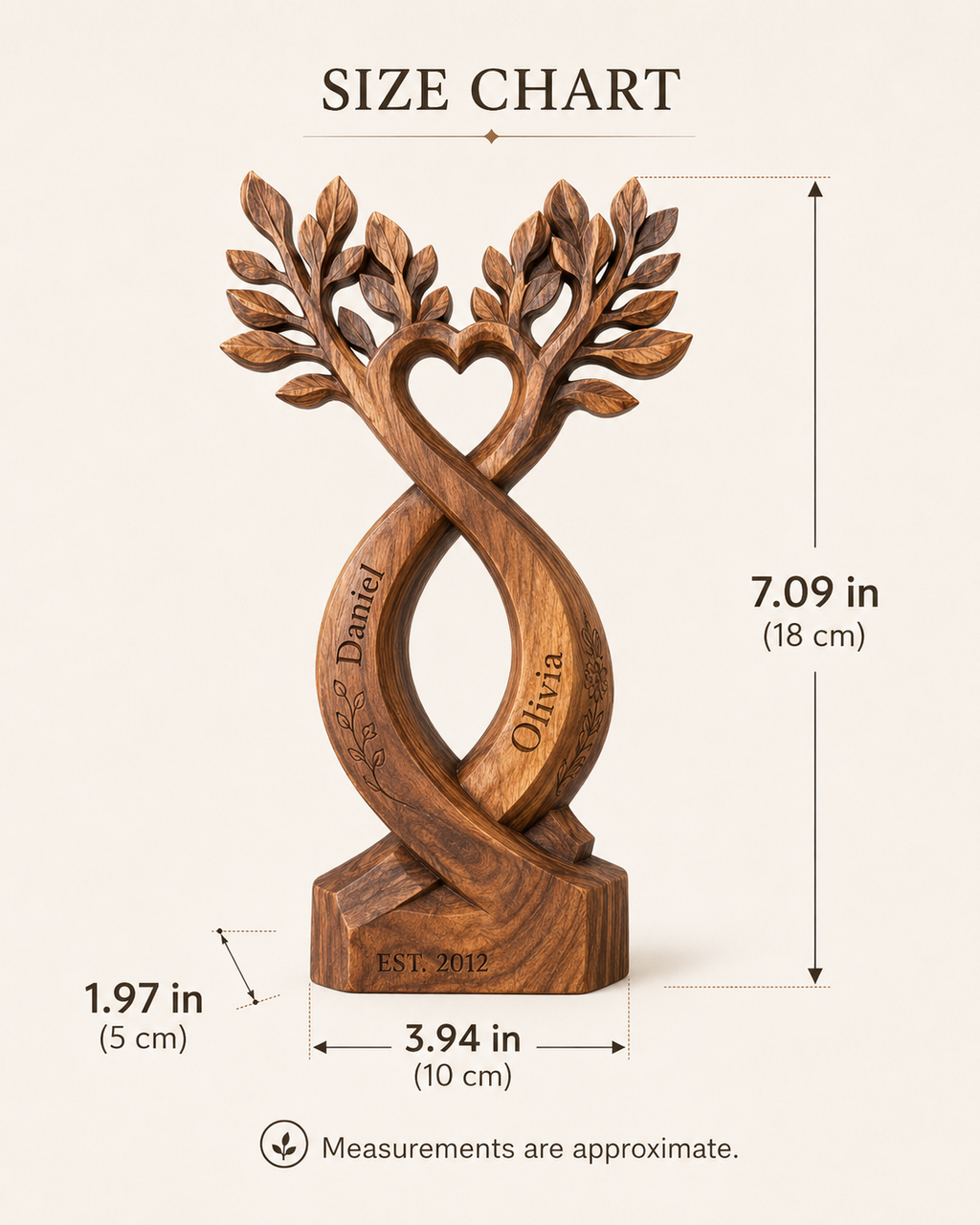 Walnut infinity tree size chart 7.09 inches tall by 3.94 inches wide