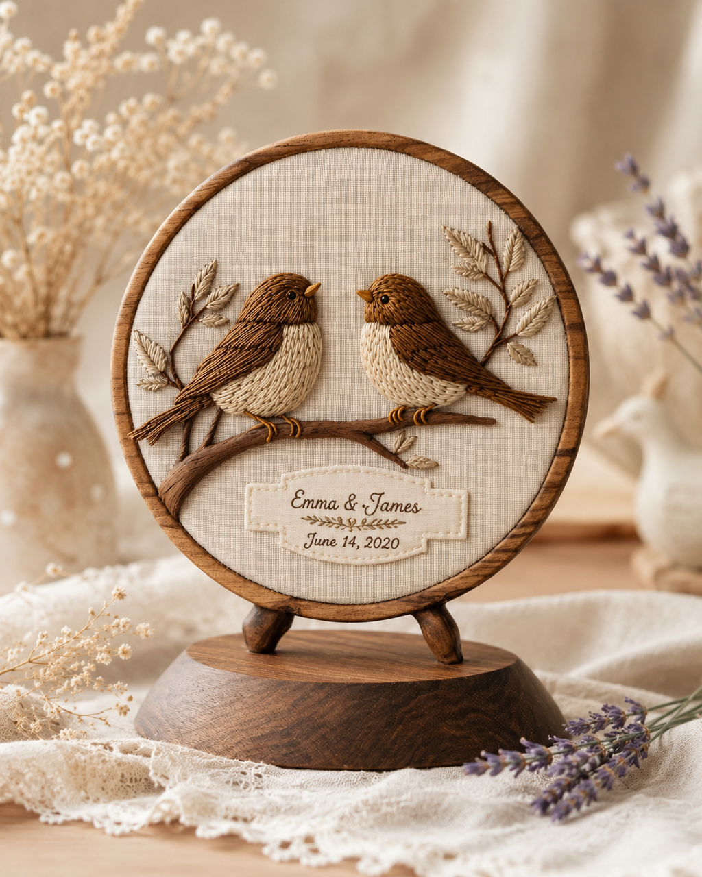 Walnut Lovebird Embroidered Round — angle 1