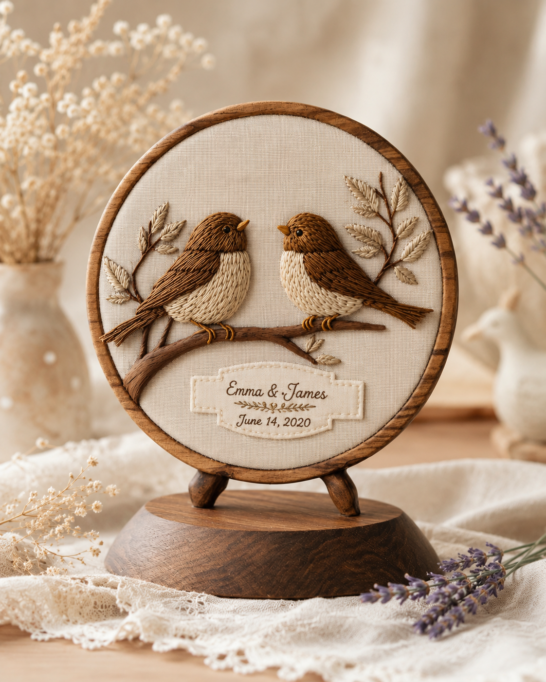 Walnut Lovebird Embroidered Round — angle 1