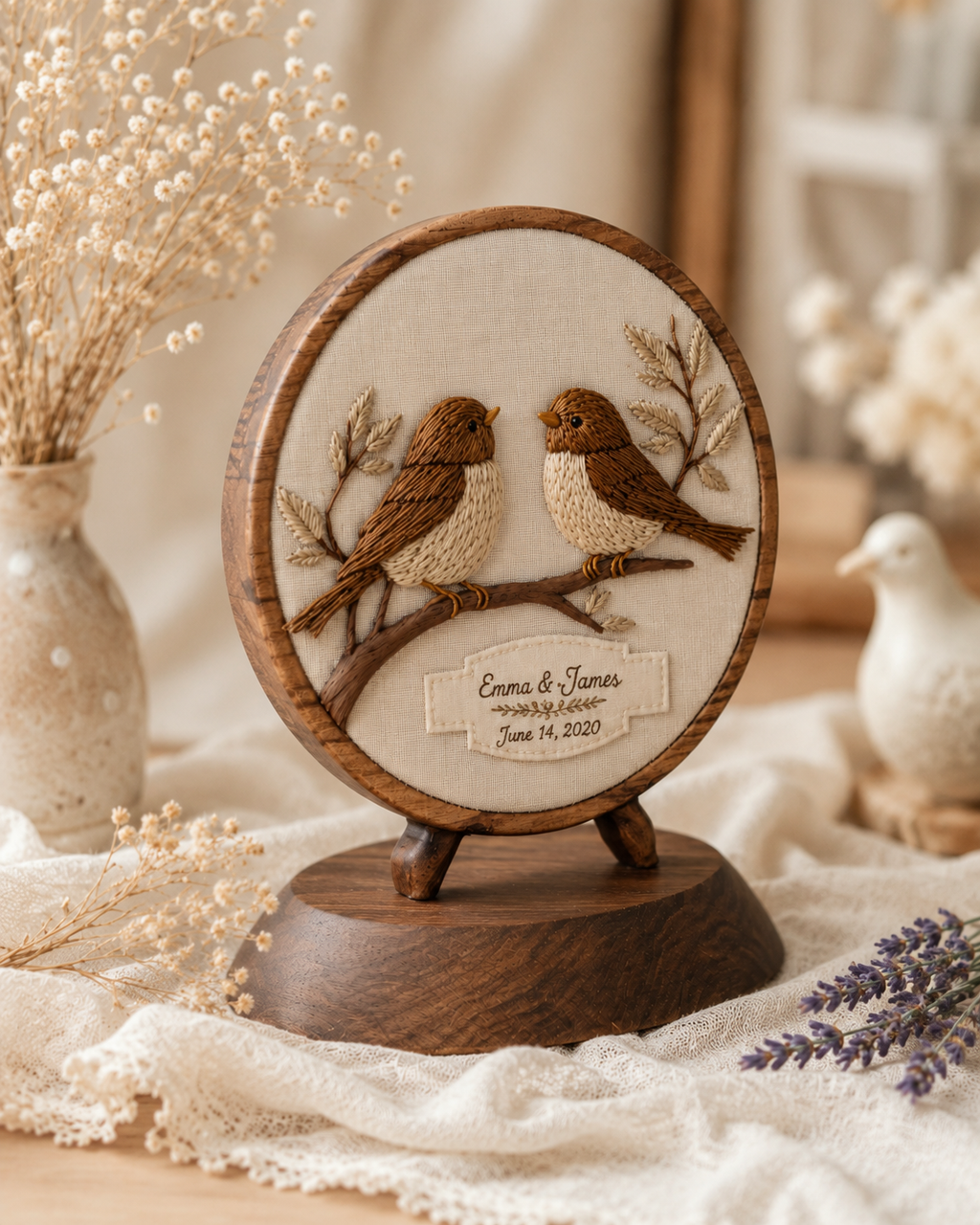 Walnut Lovebird Embroidered Round — angle 2