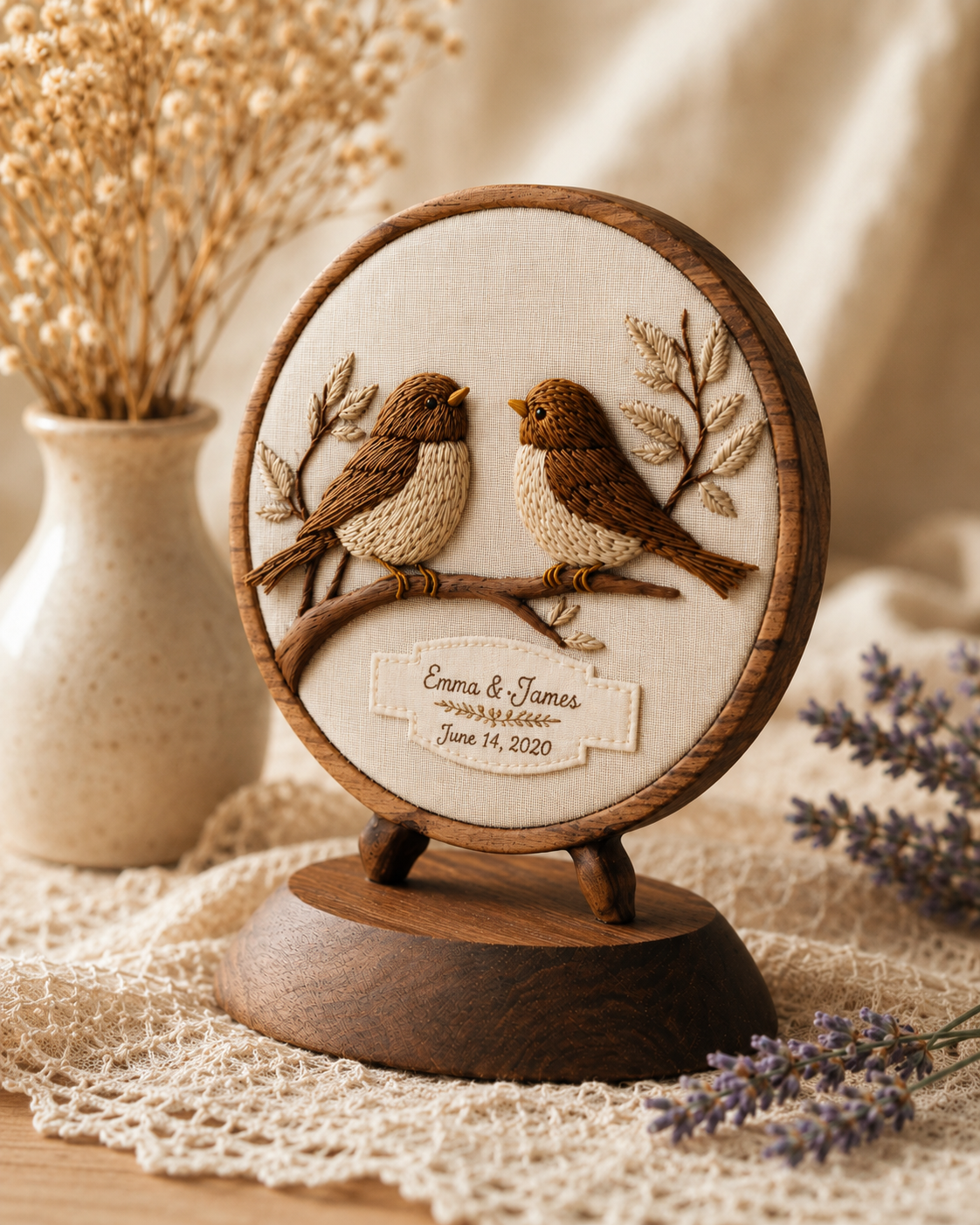 Walnut Lovebird Embroidered Round — angle 3