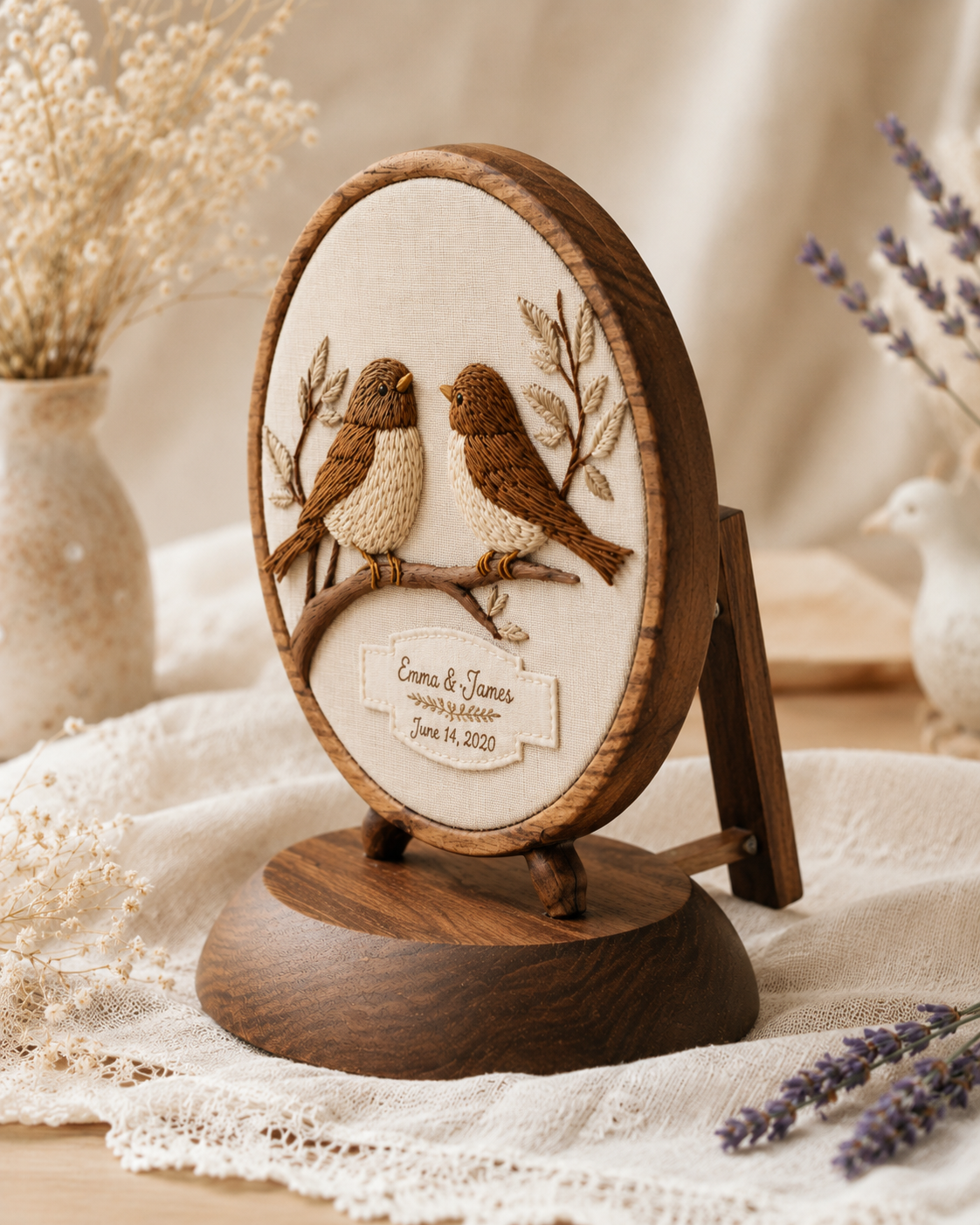 Walnut Lovebird Embroidered Round — angle 4