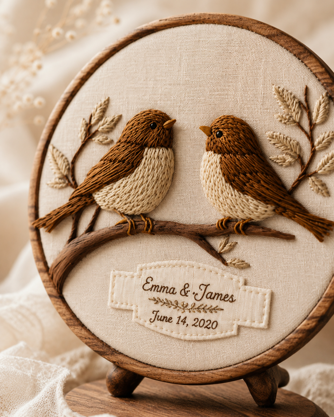 Walnut Lovebird Embroidered Round — angle 5