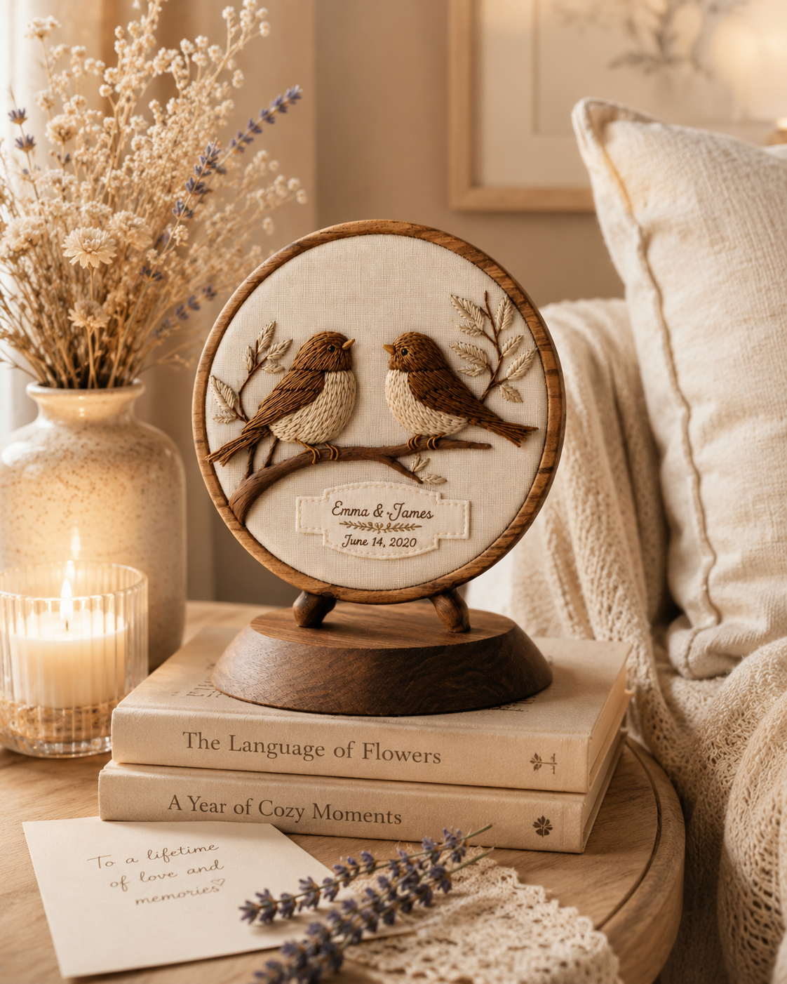 Walnut Lovebird Embroidered Round — angle 6
