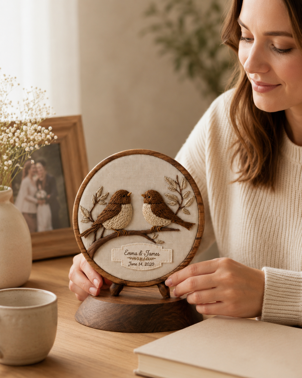Walnut Lovebird Embroidered Round — angle 7