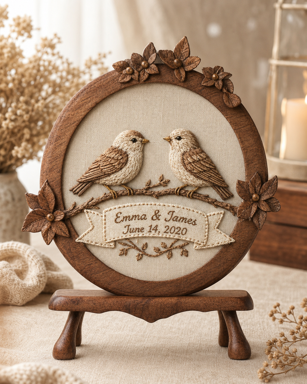 Walnut Lovebird Embroidered Wreath — angle 1