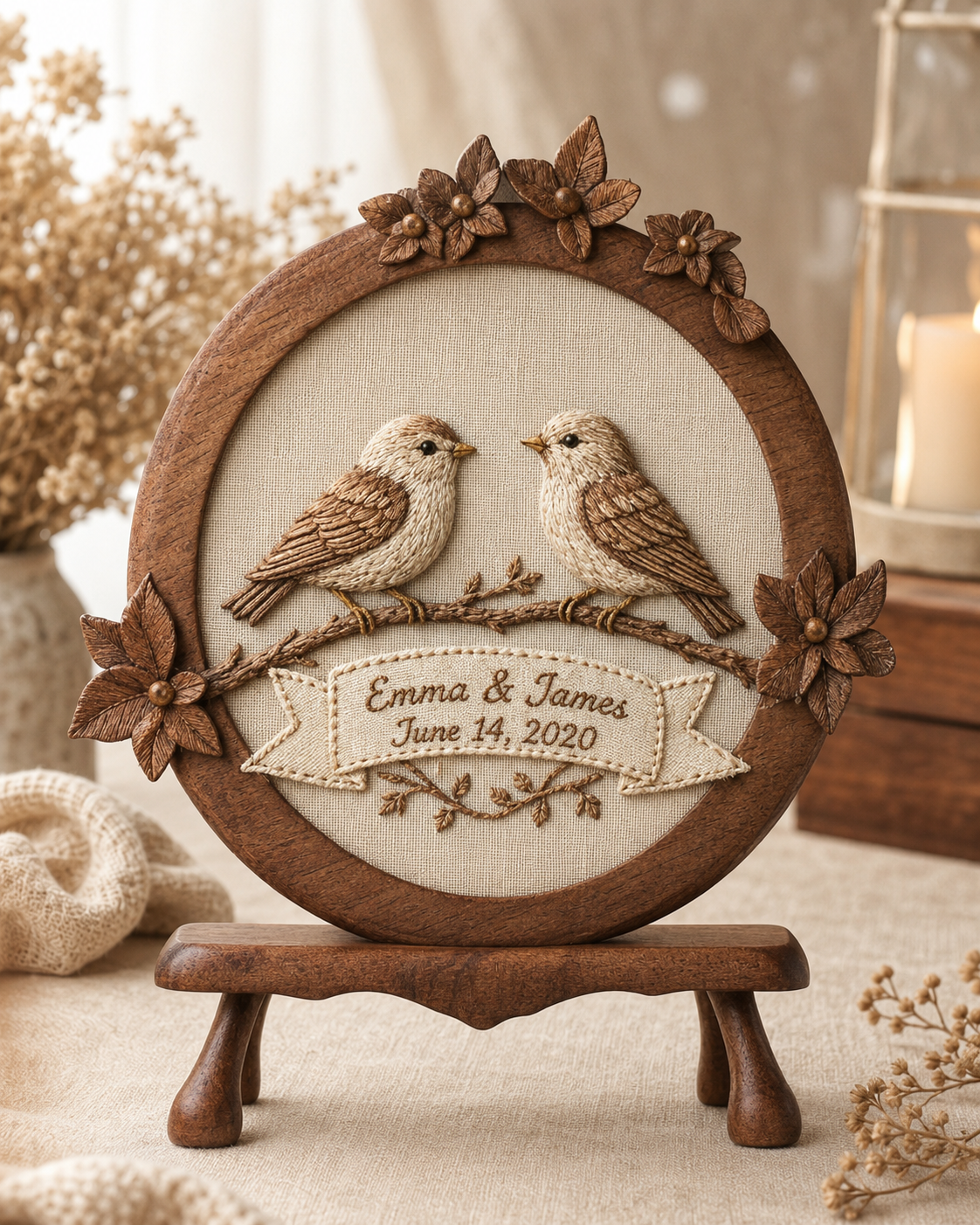 Walnut Lovebird Embroidered Wreath — angle 1