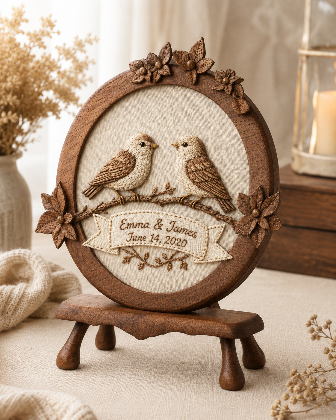 Walnut Lovebird Embroidered Wreath — angle 2