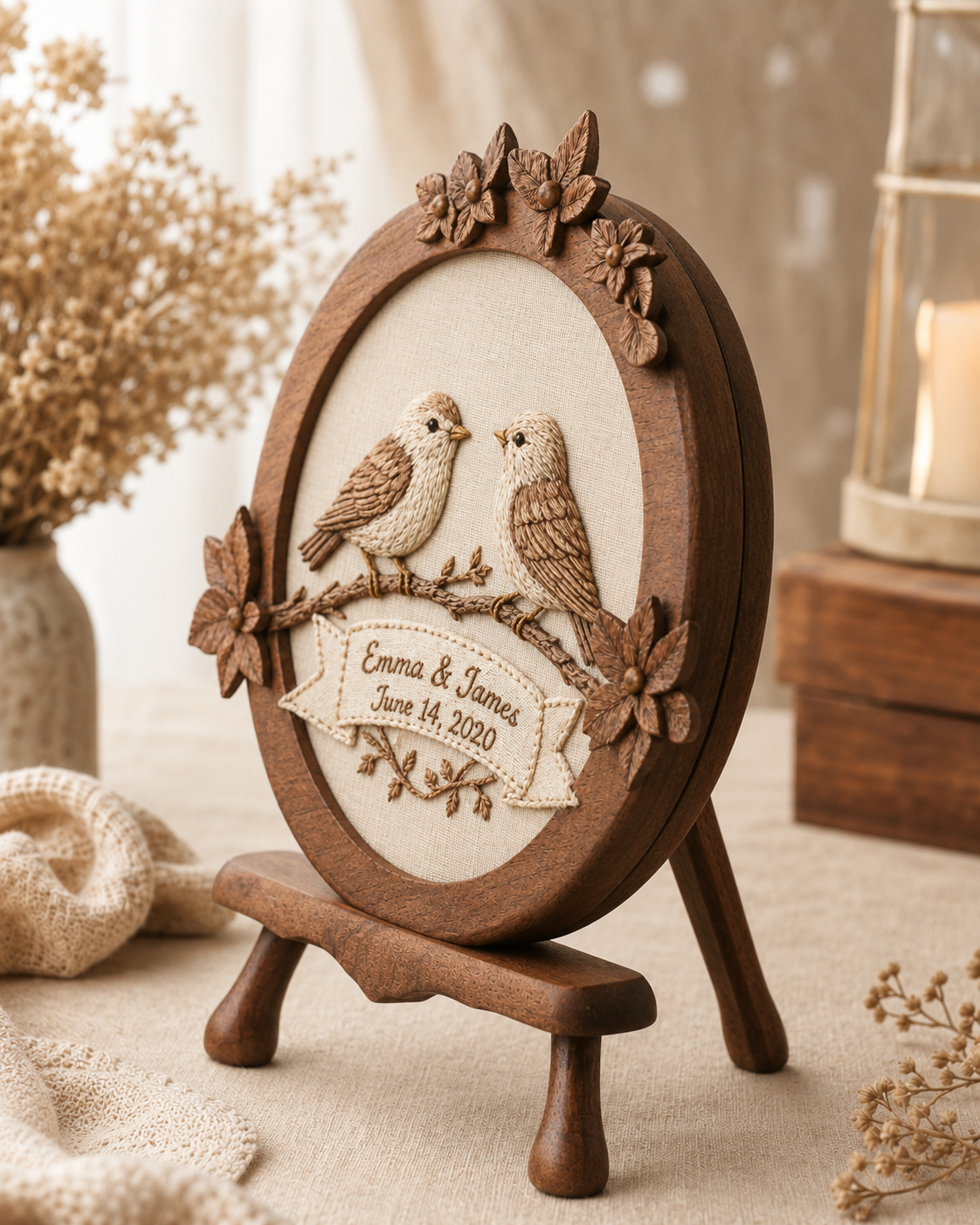 Walnut Lovebird Embroidered Wreath — angle 3