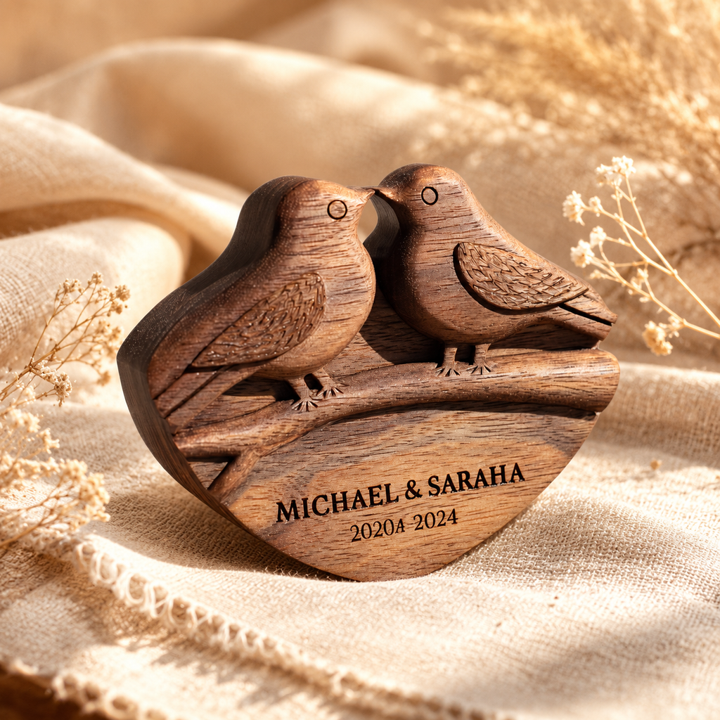 Walnut lovebirds sculpture on soft cream fabric drape