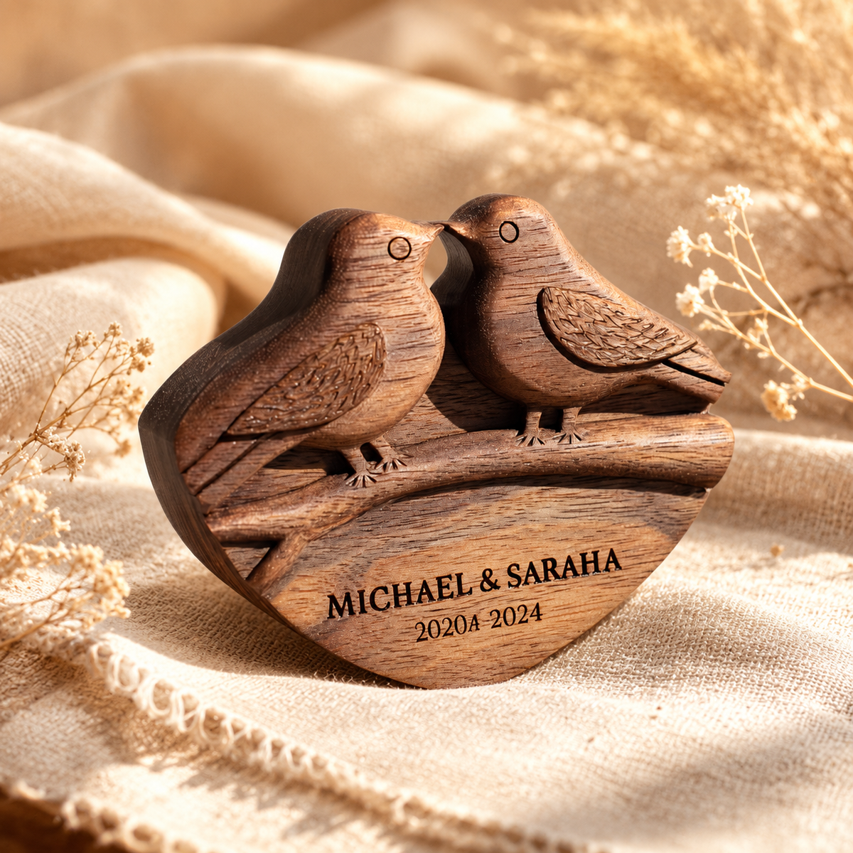 Walnut lovebirds sculpture on soft cream fabric drape